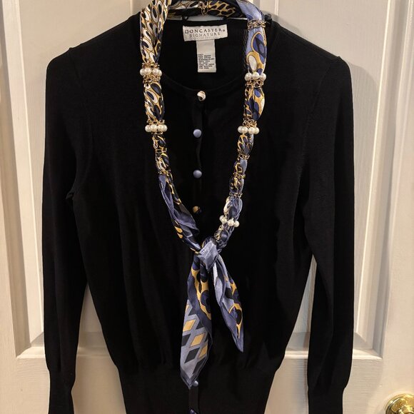 Doncaster Women's Black Button-up Cardigan Sweater with Silk Scarf ~ Small ~ EUC - Picture 1 of 5
